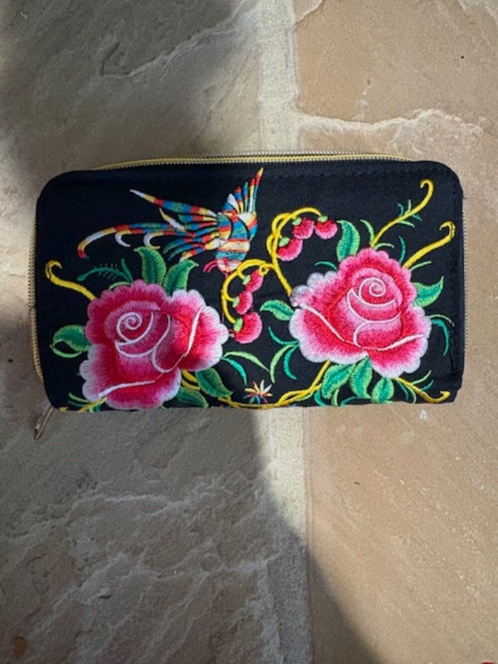 NWOT Vibrant Embroidered Roses Birds Black Double Zip Around Wallet Wristlet
